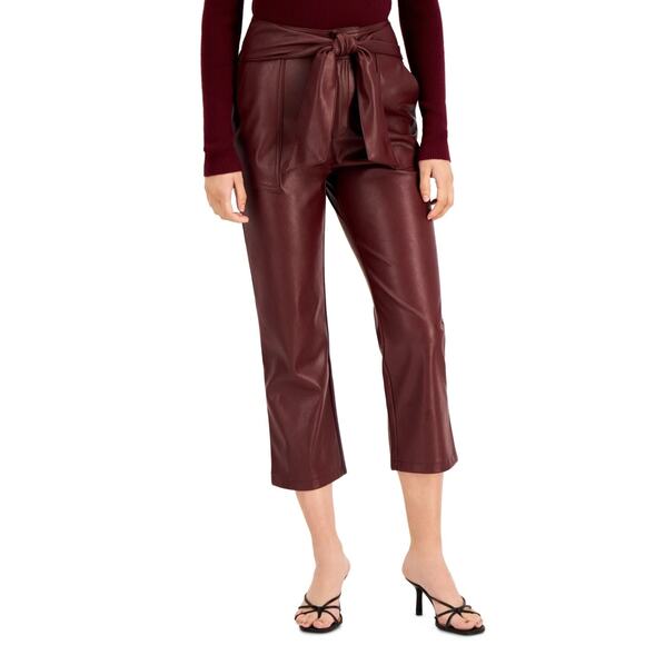 Lucy Paris Maroon Burgundy Faux Leather Cropped Bootcut High Waist Belted Pants - Picture 1 of 12